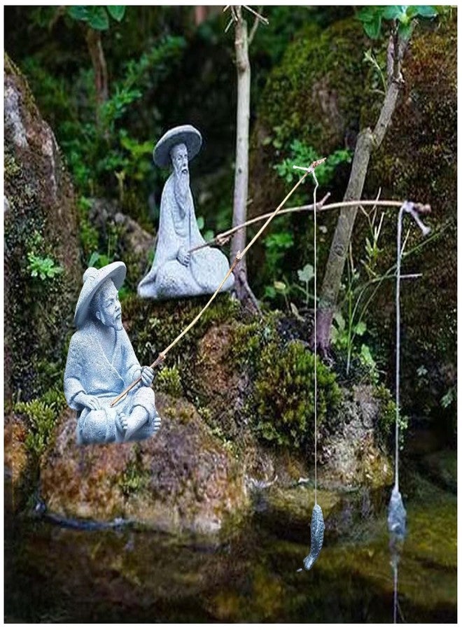 livelyfish 2Pcs Sitting Fishing Figurines Asian Japanese Sandstone Mini Fisherman Statue Vintage Ornament for Fish Tank Pot Garden Home Aquarium Decoration,D - Image 1